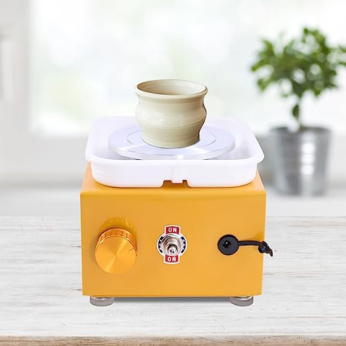 MIIWWOWO Mini Töpferscheibe Elektrisch Drehteller Töpferscheibe Ton, 24W Töpferset Mit Drehscheibe Aluminiumlegierung, Töferset für Zuhause Drehscheibe Töpfern für Anfänger DIY Keramik (Gelb)