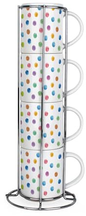 Purely Home Polka Dots Stacking Mugs Set - Multicoloured Spots Rainbow - Ceramic Tea/Coffee Cups - Drinkware Mug Gift Set with Metal Stand/Holder Set of 4