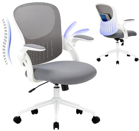 COLAMY Office Chair with Padded 90° Flip-up Armrest, Lumbar Support, Height Adjustable Ergonomic Desk Chair, Executive Swivel Rolling Computer Chair, Comfy Seat Cushion for Home/Office (White)