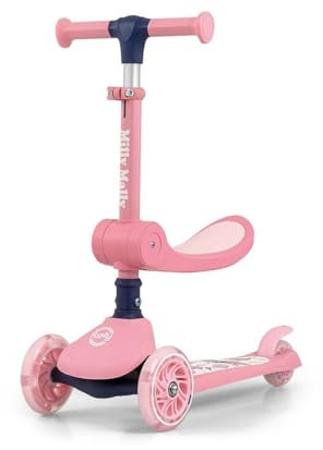 Milly Mally Scooter Fuzzy - Dreirädriger Balance-Roller mit Sitz, LED-Leuchträder, Höhenverstellbare Lenkstange, Sicher und Stabil für Kinder ab 18 Monaten, Max. Belastung 50 kg (Pink)