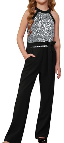 GRACE KARIN Mädchen Pailletten-Overall mit Taschen Ärmelloser Spielanzug Rundhals-Bodysuit für Kinder Silberne Pailletten 8-10 Jahre