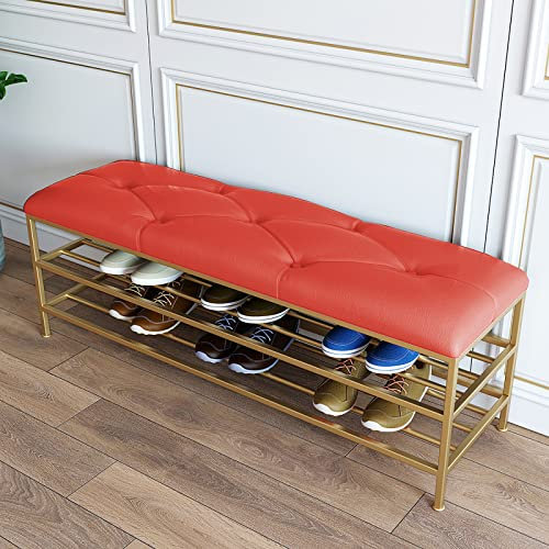 Moderne Schuhbank mit goldenem Schuhregal, Kunstleder, Schuh-Organizer, Sitzbank für den Eingangsbereich, Schuhregal, Bank mit Stauraum für den Eingang, rot, 80 x 35 x 45 cm