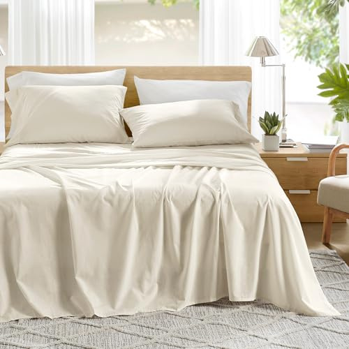 Comfort Spaces 100% Cotton Sheets King, Breathable & Ultra Soft Cotton Sheets, Naturally Cool Cotton Bed Sheets with 14 Elastic Pocket Fits up to 16 Mattress, All Season Sheet Set, Ivory 4 Piece