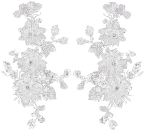 CABODYALS 2 Stück 2 Stile 3D Stickerei Applikation Mit Blumenmuster Weiße Spiegel Pailletten Spitzenapplikationen Vintage Blumen Strassperlen Aufnäher Zum Aufnähen Herstellen von Kleidung Hochzeit Bas