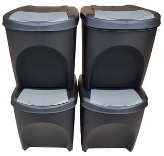 Stolmet Large Stackable Recycling Bins Set of 4x25L (Brand KrysGo) - Customizable Lids with Recycling Stickers - Waste Sorting for Home, Kitchen, Office (Black + Grey)