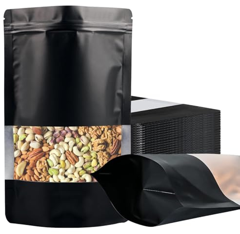 100 Stück Mylar Bags, Wiederverschließbare Mylar Beutel mit Fenster, Reißverschluss Selbstdicht, Standbodenbeutel für Aufbewahrung und Verpackung – Geruchssicher Matte Aluminiumfolie Verpackung Tasche
