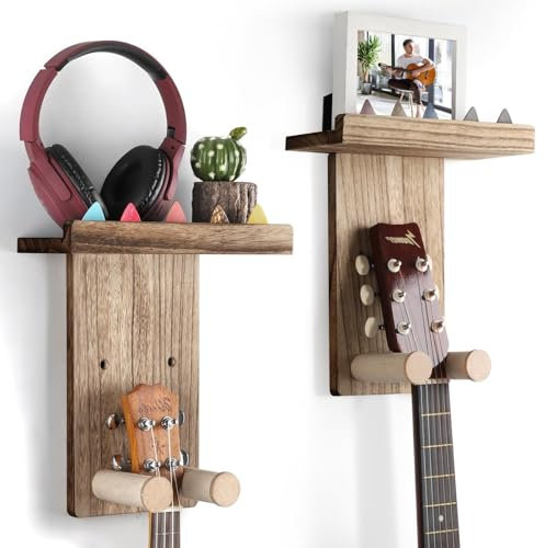 VINCOURNA Guitar Wall Mount with Shelf,2Pack Wooden Guitar Holder Hanger Hook Multifunctional Rack Bracket Stand Easy Install for Electric Guitar Bass Acoustic Ukulele Violin Mandolin-Carbonized Black