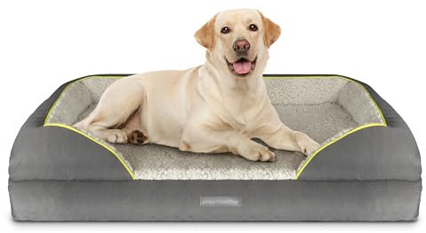 Dreamcatcher Extra Large XL Dog Bed 106x80x20cm, Orthopaedic Memory Foam Bolster and Non Slip Base with Sherpa Fleece Top. Grey Waterproof Oxford Fabric Sides and Removable Washable Cover