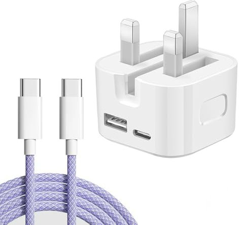 USB Plug USB C Plug, 35W Dual Port Charger, Fast Charger, Suitable for iPhone 16 15 MacBook AirPods, Samsung Galaxy S25, S24, A15, A14, A56, A55, A36, Foldable Plug (3.28ft USB-C Cable Included)