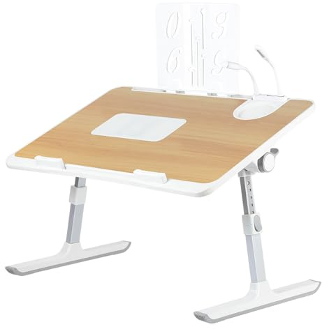 Supfine Table de Lit pour Ordinateur Portable, Support Réglable en Hauteur et Angle, Platede Lit avec Tiroir, Refroidisseur PC Intégré, pour Canapé, Bureau, Sol (Jaune Noyer, 60 * 40 * 40 cm)