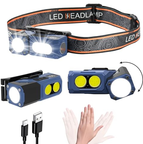 Linterna Frontal Led Recargable con Sensor, Luz Frontal Cabeza con Luz Roja, Ajustable A 45°, 7 Modos, Cob, Base MagnéTica, Incluye Luz Para Gorra y Accesorio Para Bicicleta