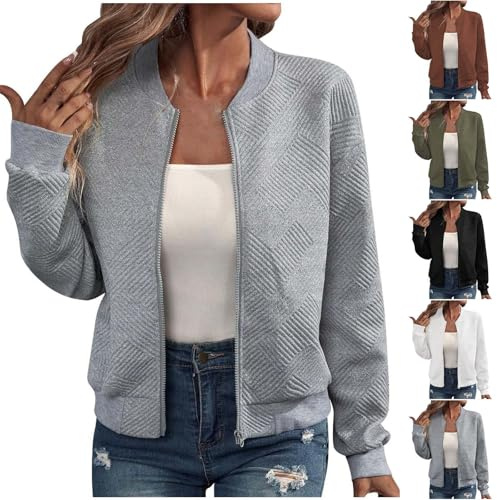 EMATOP College Jacke Damen Leicht Sport Bomberjacke Casual Langarm Übergangsjacke Kurz Einfarbig Sweatjacke Elegant Bequem Pilotenjacke Reißverschluss Fliegerjacke Baumwolle Herbstjacke Outwear