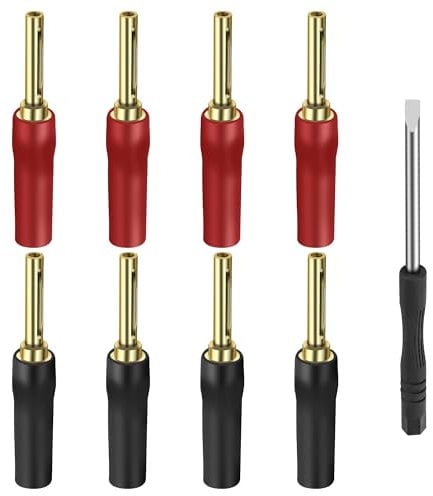 XMSJSIY 4MM Speaker Banana Plugs HiFi Screw Locking Banana Pins Connectors Gold Plated for Speaker Wire,Home Theater Audio/Video Receiver Sound Systems - 4 Pairs