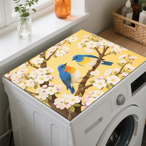 GLOBLELAND Blue Birds Washer Dryer Dust Cover Mat 23.6x19.6inch Flowers Branches Washing Machine Top Protector Pads Retro Non Slip Washing Dust Top Covers for Laundry Rooms Coffee Machine Placemat