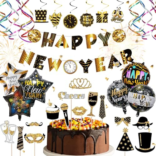 36 Stück Deko Silvester Party 2026, Silvester Deko 2026 Set, Happy New Year De-co Set, Silv-Ester D-EKO 2026 Dekoration, Happy New Year De-ko 2026, Luftballons Silve-Ster D-EKO, Tischdeko Silv-Ester