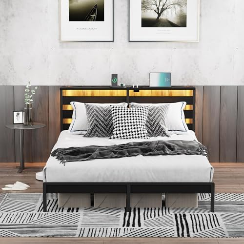 Double Metal Bed Frame with USB Charging Station, LED Lights & Storage Headboard – Heavy Duty Black Platform Bed with 31.5 cm Underbed Storage, No Box Spring Needed, Noise Free (Black, Double)