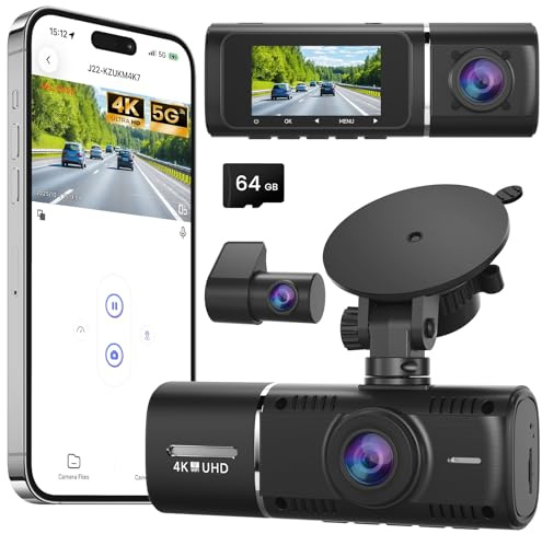 Dash Cam 3 Channel 4K/2.5K Front Rear FHD Dash Camera for Cars, 1080P Inside Camera 64GB Card 5G WiFi SmartPhone App, Loop Recording and G-sensor, 170° Wide Angle, Parking Mode