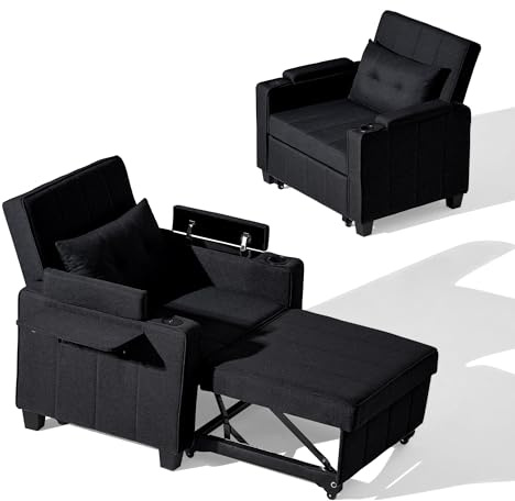 CLIPOP Schlafsofa, 3-in-1 Schlafsessel mit Bettfunktion, Ausziehbarer Sofa mit Schlaffunktion mit USB-C, 3-stufig Verstellbarer Rückenlehne (105°-160°), Stauraum & Getränkehalter (Leinen, Schwarz)