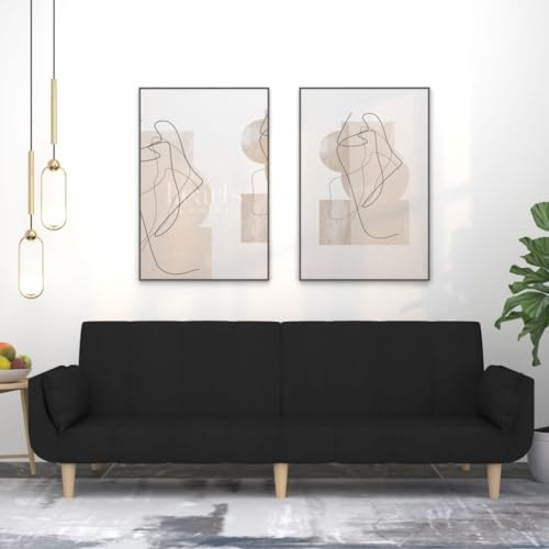 CKioict Schlafsofa 2-Sitzer mit 2 Kissen Schwarz Stoff Sofabett Bettcouch Gästebett Wohnzimmer Sofa