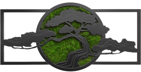 STYLER Bild Bonsai 50 x 100 cm mit schwarzem Rahmen – Green Deco Wandbild mit synthetischem Moos – Modernes Bonsai Motiv im Querformat – Zen & Biophilic Design Wanddeko