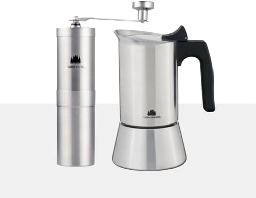 Groenenberg Spar Set 3 | Espressokocher Induktion 4 Tassen + Kaffeemühle manuell | Edelstahl Espressokanne (200ml) + Handkaffeemühle