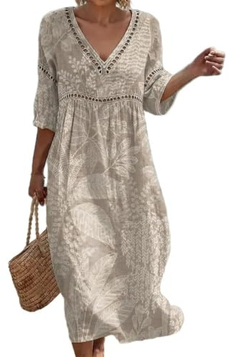 Summer Dresses for Women UK Bohemian 3/4 Sleeve Print Dresses Casual Loose Fit Boho Dress Breathable Comfortable Friendly Elegant Style Holiday Beach Travel Everyday Wear