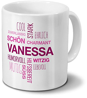 printplanet Tasse mit Namen Vanessa Positive Eigenschaften Tagcloud - Pink - Namenstasse, Kaffeebecher, Mug, Becher, Kaffeetasse