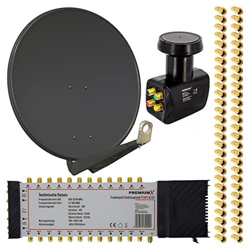Premium X 24 Teilnehmer SAT-Anlage Satellitenantenne 80cm ALU Anthrazit Multischalter 5/24 Quattro LNB 56x F-Stecker Satelliten-Komplettanlage