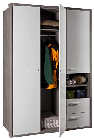 Kleiderschrank Schlafzimmerschrank Drehtürenschrank | 3-türig | Dekor | Weiß Hochglanz | Betonoptik | 154x217x64 cm