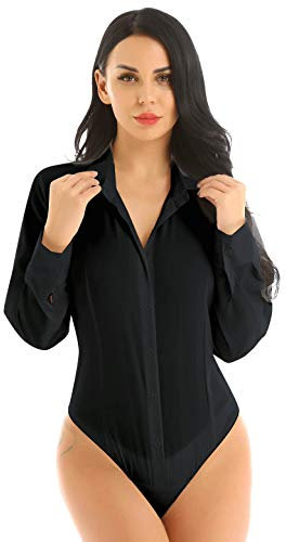 iiniim Women Long Sleeve Button Down Shirts Bodysuit One Piece Easy Care Work Blouse Leotard Top Black Medium