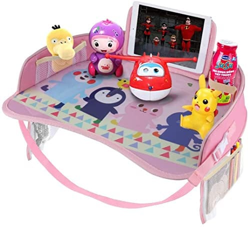 Erlsig Kinder-Reisetablett für Autositz, Aktivitäts- und Spieltablett, Organizer für Kinder und Kleinkinder, Schoßschreibtisch mit Tablet-Handyhalterung, wasserdicht und faltbar (Rosa)