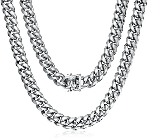ROWIN&CO Collier Chaîne Argent Homme Acier Inoxydable Maille Cubaine Ras de Cou Collier Gourmette Grosse Maille de 15mm, Chaîne Bijoux Hip hop, 18 20 22 à 35 Pouces