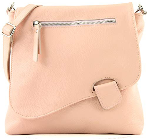modamoda de - T146 - ital Messengertasche Umhängetasche aus Leder, Farbe:Pastellrosa