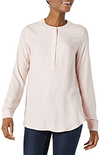 Amazon Essentials Camicetta in Tessuto a Maniche Lunghe Donna, Rosa Bianco Righe Verticali, M
