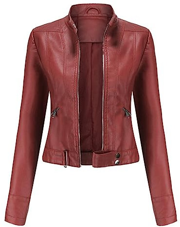 YFFUSHI Damen Kurze Lederjacke Blouson aus Kunstleder Bomberjacke Casual Mit Reißverschluss Coat,Rot,XXL