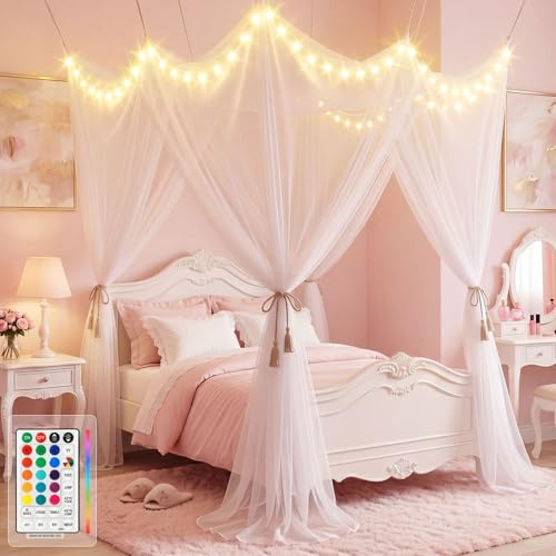 FunNite Betthimmel mit RGB-Lichterkette für Queen-Size-Bett, Doppelbett, 8 Ecken, weißer Baldachin, Bettvorhänge, Moskitonetz mit Lichtern, Fernbedienung, Timer für Kinder, Erwachsene, Innenbereich