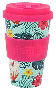 IDRINK® - Tasse à café RPET avec bouchon en silicone ouvrant, facile à porter 435 ml, Mug à emporter en plastique recyclé 8.7 x 8.7 x 15 cm ergonomique 435 ml (TROPICAL VIBES)