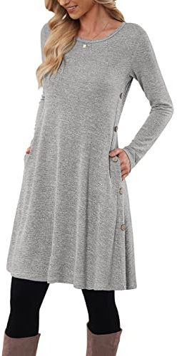 MOLERANI Jumper Dress for Women Long Sleeve Dress Ladies Button Casual Tunic Dress with Pockets White Grey Size 20-22 XL