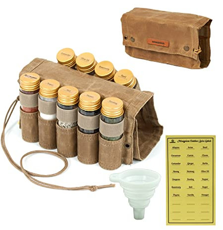 MONGPIENS Camping-Gewürz-Set mit 9 Gewürzgläsern, Seil, Gewürzetiketten, Aufkleber, faltbarer Trichter aus Silikon, Reise-Gewürzbehälter, tragbare Gewürztasche für Reisen, Kamelbraun (Kamelbraun)