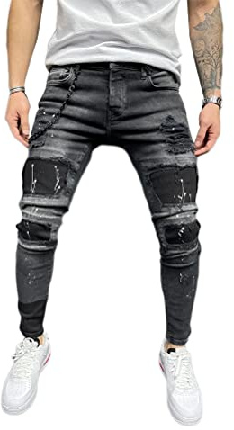 Osheoiso Jean Troué Homme Skinny Casual Slim Fit Pantalon Denim Styles Déchiré Sport Trousers avec Fermeture Éclair Casual Pants Trekking Outdoor Cargo Vintage A1 Noir XXL