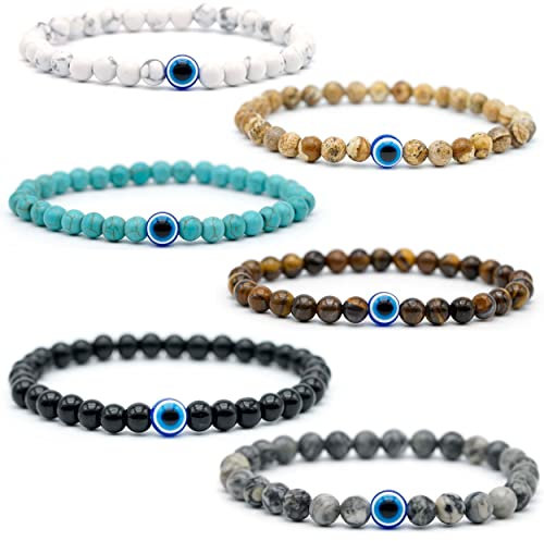 Lameybrt 6mm Auge des Bösen Blick Armband Schutz Stretch Armbänder mit Naturstein für Männer Handgemacht Heilsteine und Herrenarmband (6PCS, Mittel 19cm)