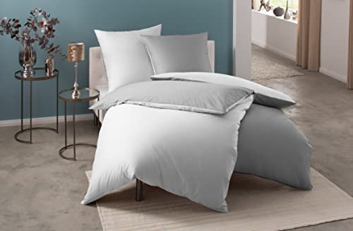 Bettwaesche-mit-Stil Mako Satin Damast Wendebettwäsche Streifen Vancouver weiß/grau ((Garnitur 135x200 + 80x80cm)