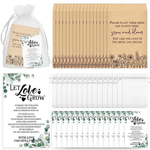 100 Set Wedding Favors for Guests, seed Packets Let Love Grow, Classic | Kraft Paper Envelopes with Organza Bags, Thank You Cards, For Bridal Shower Guest Gifts, Flower Seed Bulk Wedding Favors