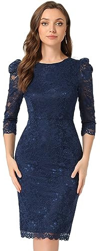 Allegra K Damen Etuikleid Cocktailkleid Business Elegant Spitze Blumenmuster Rundhals 3/4 Ärmel Figurbetont Hochzeitsgast Kleid Dunkelblau M