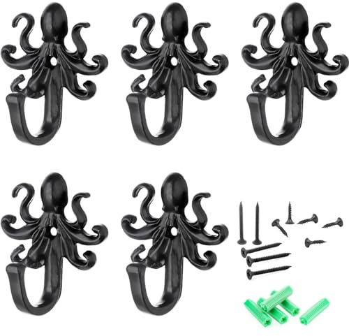 FANYUN 5 Pack Kleiderhaken Wandhaken, Octopus Dekorative Wandhaken Rustikaler Metallbügel für Handtuch, Schlüsselhalter, Hängende Mäntel, Schals, Taschen, Geldbörsen, Rucksäcke Wohnkultur (Octopus)