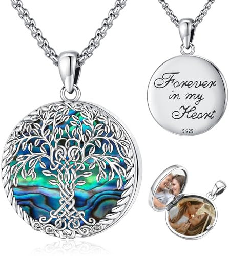Eusense Collier Pendentif arbre de vie en Argent 925 avec Coquille d'haliotide Ouvert pour Photos Chaîne de Bijoux Cadeau pour Femmes Filles