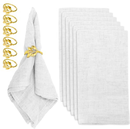 Umllpet Stoffservietten, Leinenservietten, 12er Pack (6 Baumwoll Servietten und 6 Serviettenringe Set), Serviette für den täglichen Gebrauch/Küche/Zuhause/Party/Weihnachten/Hochzeiten 40 x 40cm (Weiß)