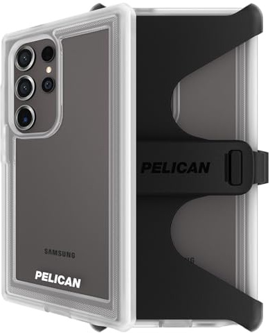 Pelican Voyager - Samsung Galaxy S24 Ultra Case [6.8”] [18ft MIL-STD Drop Protection] [Wireless Charging] Rugged Phone Case for Samsung Galaxy S24 Ultra w/Belt Clip Holster Stand - Anti Yellow - Clear
