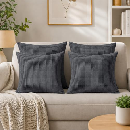 Trimming Shop 210GSM Velvet Cushion Covers, 18 x 18, Dark Grey, 4pcs | Decorative Square Throw Pillow Cases Pillow Shell for Livingroom Sofa Bedroom