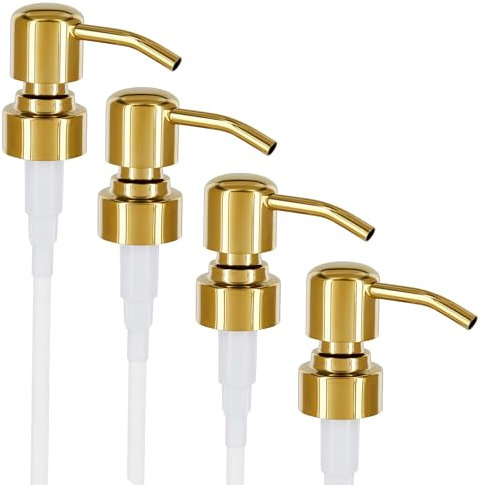 ALTGLAS 4 Pcs Soap Dispenser Pump Head 'Zagreb' - Spare Replacement for Standard Neck Size - 26-28 mm Thread From Stainless Steel (Gold Shiny)